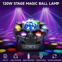 Luz LED de cabeza móvil con efecto estroboscópico de haz de bola mágica láser de 6 brazos y 120W, control remoto DMX512, ideal para fiestas y discotecas, directo de fábrica.