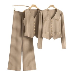 Setelan Tiga Potong Sweater Celana Lebar Bahan Campuran Wol Anti-Kerut Elegan Bergaya Korea untuk Wanita Musim Gugur/Dingin - Product Image 1