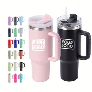 Custom Logo 40oz Double Wall Vacuum Insulated Stainless Steel Travel Coffee Mug Handle Straw Custom Color Silk Screen Printing - Product Image 1