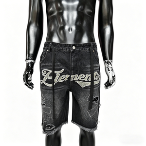 Shorts de Mezclilla Personalizados para Hombre, Lavado Ácido, Estilo Vintage, con Pedrería en Relieve - Product Image 1