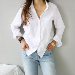 Base Long Sleeve Turn-Down Kragen Revers Shirt Simple Loose war dünn einfarbig weiße Blusen Shirts Frauen - Product Image 2