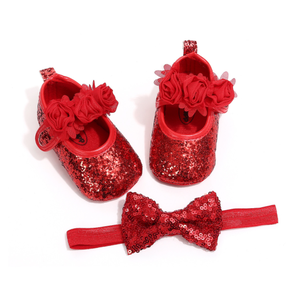 Chaussures mignonnes pour bébés filles nouveau-nées avec bandeaux assortis, ensemble de chaussures habillées pour petites filles avec bandeau à nœud - Product Image 2
