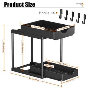 Organiseurs coulissants à 2 niveaux sous l'évier, organisateur de rangement en plastique pour la maison, organisateur coulissant sous l'armoire avec crochets - Product Image 3