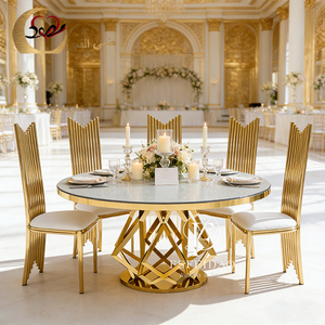 Mesa de Comedor Redonda Moderna con Tapa de Cristal y Base de Metal Dorado para Alquiler en Bodas y Hoteles - Product Image 4