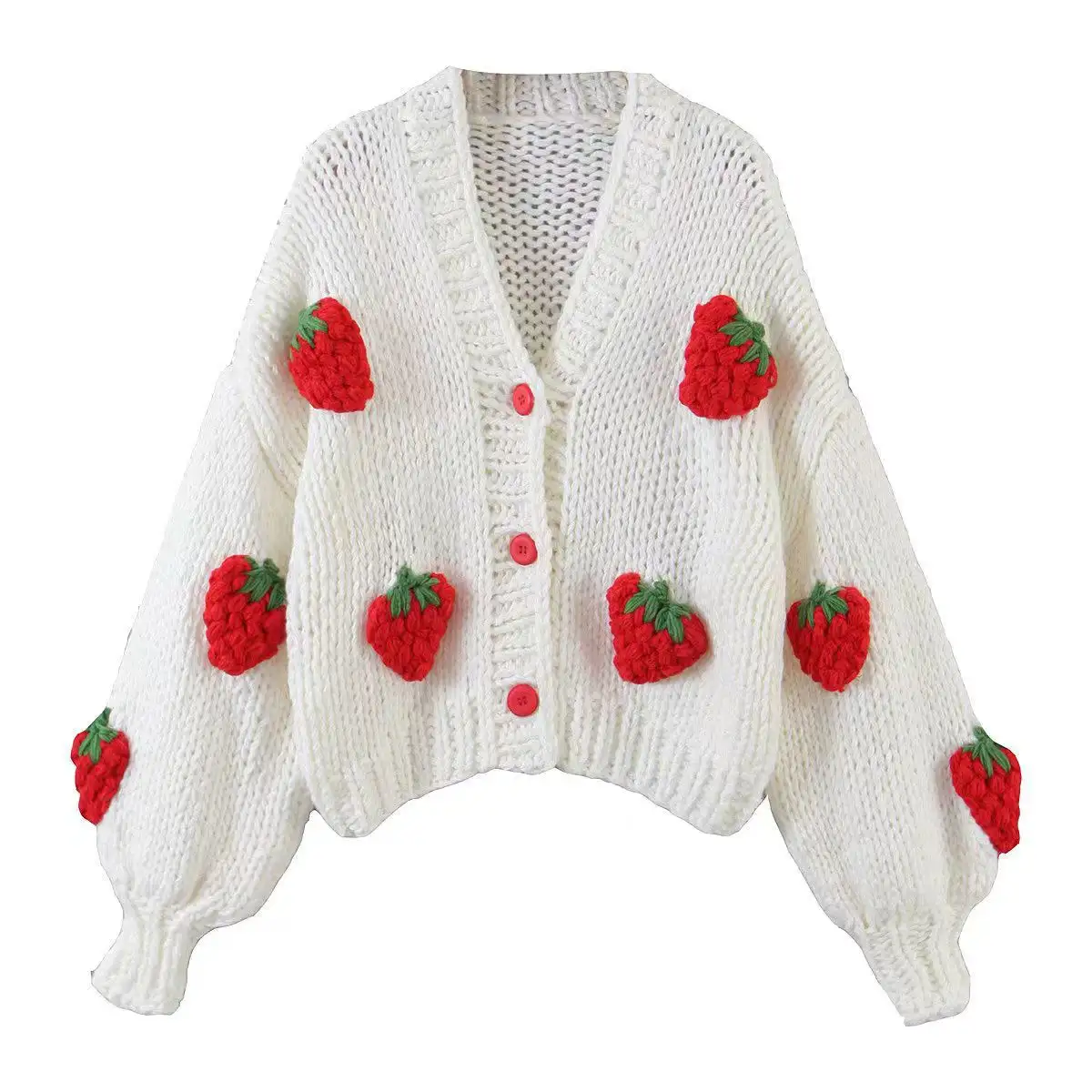 Cárdigan de fresa hecho a mano personalizado, suéter recortado, cárdigan de ganchillo con mangas abullonadas para mujer