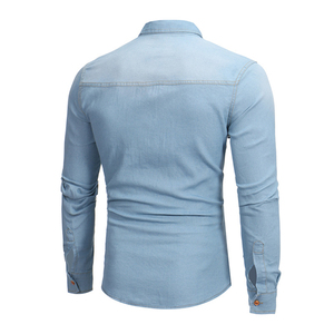Hommes col rabattu coton couleur unie manches longues denim cowboy chemise décontractée - Product Image 2