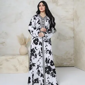 2022 Wholesale Chiffon Print Floral Dresses Women Muslim Robe Long Sleeves Abaya Party Evening S-2XL Dresses for Women