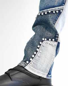 בגדי רחוב לגברים אופנתיים באיכות גבוהה, עיצוב טלאים עם אבני חן ופנינים בצבע אינדיגו בסגנון Y2K, עשויים כותנה דנים. - Product Image 4