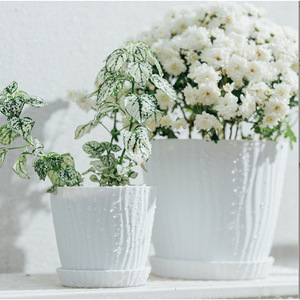 Simple <b>Plastic</b> Flower Pots With Trays Ripple Design For Home Indoor <b>Plants</b> Ivory White Jungle Green - Product Image 2