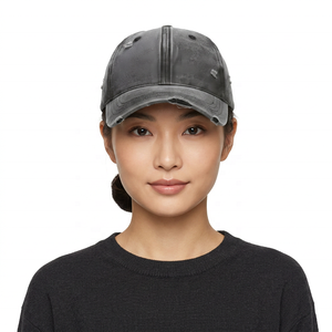 Casquette de baseball en molleton de coton noir vieilli, 6 panneaux, style vintage déchiré, réglable, unisexe, décontractée, sportive, style urbain - Product Image 3