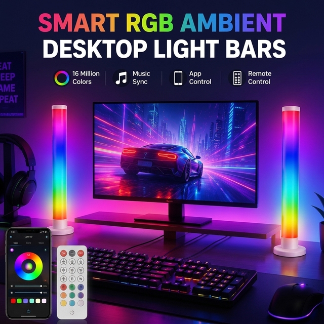 Smart RGB Ambient Desktop Light Bars Music Sync LED Atmosphere Lighting with App & Remote Control for Desktop Gaming TV Decor