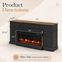 Meuble TV Kalsubo noir de 63 pouces avec foyer électrique 3 faces de 36 pouces et manteau de cheminée. Il possède des tiroirs et un espace de rangement