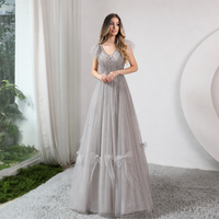 Robe de soirée gris argenté lavande col en V coupe trapèze, ornée de perles et de sequins, manches volantées, nœuds 3D, en tulle, longueur ras du sol, pour soirée, sur mesure, vente en gros