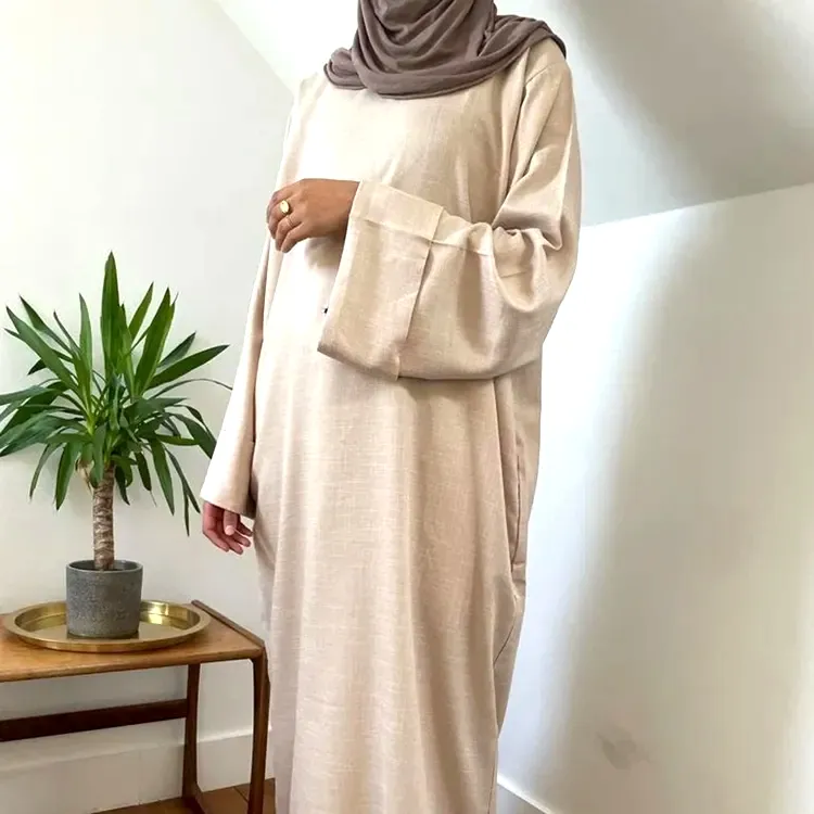 Beige Linen Muslim Abaya pakaian Islami wanita gaun sederhana Dubai Abaya