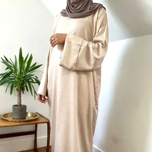 Beige Linen Muslim Abaya Islamic Clothing Women Modest Dress Dubai Abaya