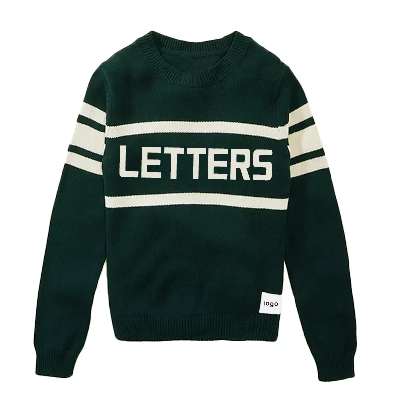 Oem Custom Mannen Cotton Crew Neck Gebreide Trui Lange Mouw Brief Patroon Vintage Strepen Trui Letterman Trui