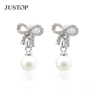 Clásico latón agua dulce perla circón mujeres arco nupcial lágrima gota colgante Stud pendientes joyería - Product Image 6