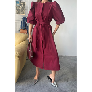 Robe Tencel à manches courtes motif pastèque - Bordeaux, élégante, en tissu mélangé de haute qualité avec élasthanne, coupe Empire, couleur unie, taille XL, pour femme de bureau et soirée - Product Image 5