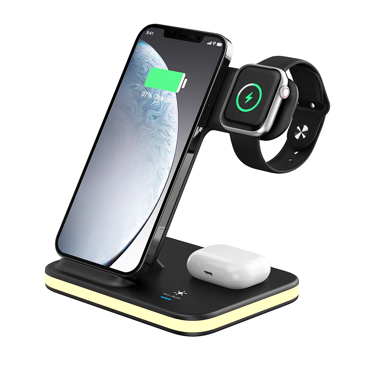 Factory Direct Multi-function 3 in 1 Wireless Charger Station Touch Control LED Night Light Wireless Charging Dock for Qi Device