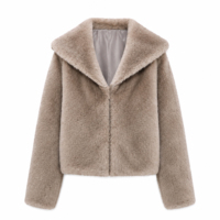 Veste Courte Femme en Fausse Fourrure Taupe, Col Oversize en Peluche, Coupe Boxy, Chaude pour l'Hiver, Écologique, Vente en Gros
