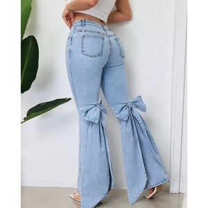 Jeans acampanados elásticos con lazo para mujer, pantalones vaqueros de pierna ancha de cintura alta en azul claro, estilo urbano de moda para verano - Product Image 5