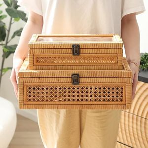 Mây và mía xếp chồng hộp với kính trên nắp-Bộ 2 cho Boho và trang trí trang trại mộc mạc - Product Image 4