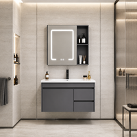 Meuble-lavabo mural moderne et concis en aluminium avec porte en PVC, vasque en céramique grise, miroir à capteur tactile et étagères