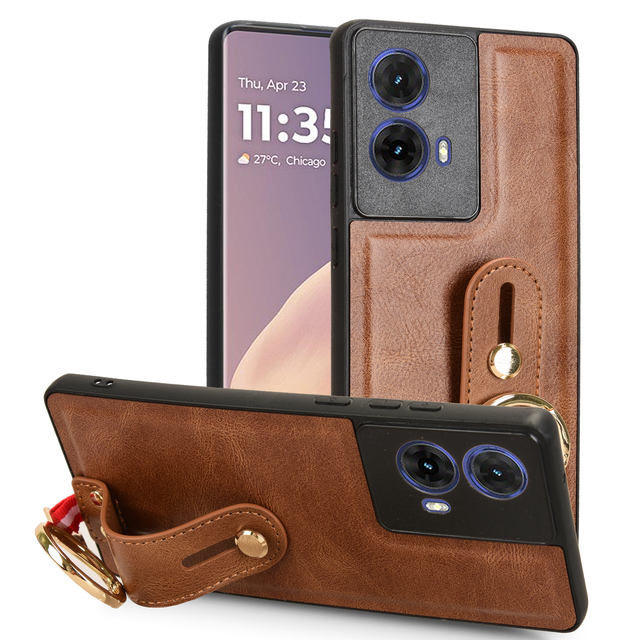 Multifunctional PU Leather Case Shell with Wrist Strap Protective Back Cover Leather Phone Case for Motorola G85 5G S50 Neo 5G