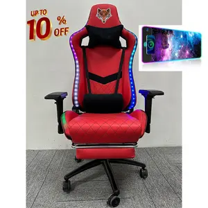 RGB发光二极管红色游戏椅，带搁脚板舒适不锈钢和合成革大高耐用游戏椅
