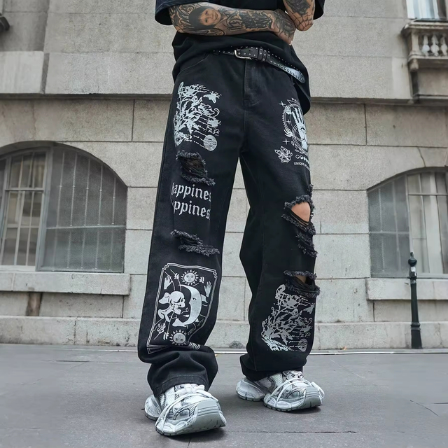 Men's High Straight Leg Baggy Jeans Street Fashion Vintage Wash Ripped Distressed Graphic Printed Mid-Waist Loose Fit Denim
