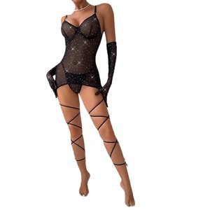 <span class=keywords><strong>Elegante</strong></span> Body Teddy in Rete Trasparente con Glitter, con Ferretto, Aderente, Seducente, con Spalline e Schiena Scoperta, con Guanti Abbinati - Product Image 5