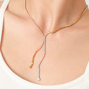 Collar en forma de Y de acero inoxidable chapado en oro de 18 quilates con circonita blanca y rosa, cadena de moda antidesvanecimiento para mujer. - Product Image 1