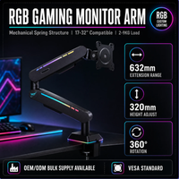 Bras de moniteur RGB pour configuration de jeu, support de bureau à bras unique, réglable en hauteur, ergonomique, pour moniteur d'ordinateur de 17 à 32 pouces, noir