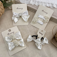 Barrette à cheveux en ruban de satin blanc à pois, nœud papillon, barrette à cheveux pour enfant, barrette à cheveux princesse, barrette à cheveux en perles françaises