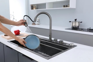 새로운 스타일 폭포 TTG 304 스테인레스 스틸 주방 싱크 풀 아웃 수도꼭지와 다기능 블랙 싱크 주방 싱크 - Product Image 4