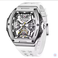 Montre mécanique pour homme, boîtier tonneau, cadran noir, plusieurs sous-cadrans, bracelet en silicone or rose, sport
