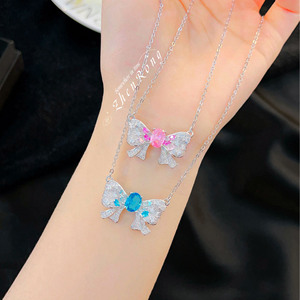 Ethereal Bow Necklace For Women Pink Diamond Blue Sapphire Clavicle Chain Party Fashion Pendant Zinc Alloy - Product Image 1
