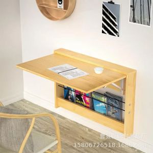 Wooden Wall Mounted Folding <b>Desk</b> With Bookshelf Storage Natural Color Solid Wood <b>Study</b> Table For Home Office - Product Image 1
