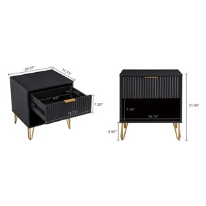 Black Nightstand With Ribbed <b>Drawer</b> And Gold Legs Modern Bedroom Storage Unit - Product Image 3