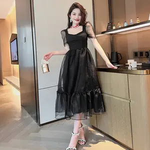 ZYHT5787新しいスタイルの卸売オーガンザ女性妖精ロングドレスエレガントなラップチェスト2層ステッチメッシュドレス