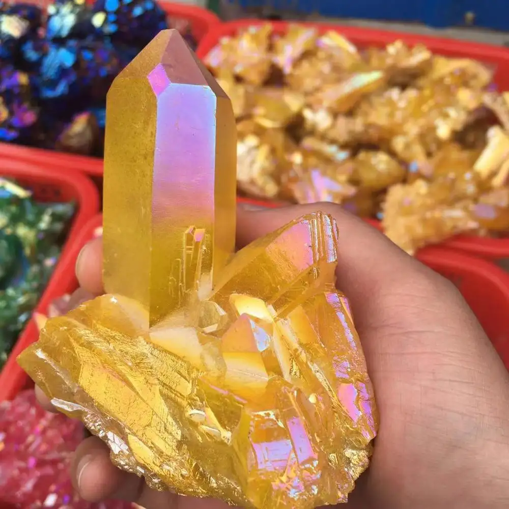 Quartz Cluster Yellow Aura Crystal Cluster for Energy Natural Home Decoration Healing Love Huatang Crystal Folk Art Safe Package