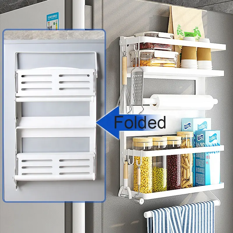 Hot Sale Multi-function Wall Mounted Large Size Metal Fridge Spice Rack with Towel Paper Holder for Kitchen Refrigerator
