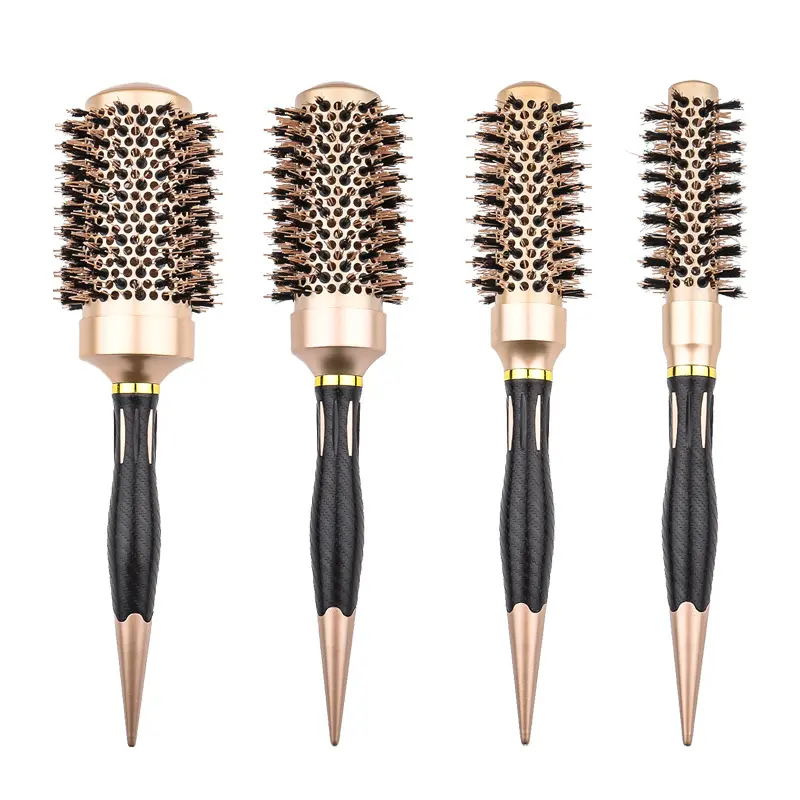 Wholesale Gold Aluminum Round Barrel Boar Bristle Hair Brush Iron Radial Comb For Hairstyling