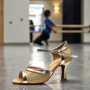 Lady Gold Latin Dance Shoes Salsa Wedding Shoes S-31 Soft Lace-up Style avec paillettes en cuir véritable et doublure en coton - Product Image 1