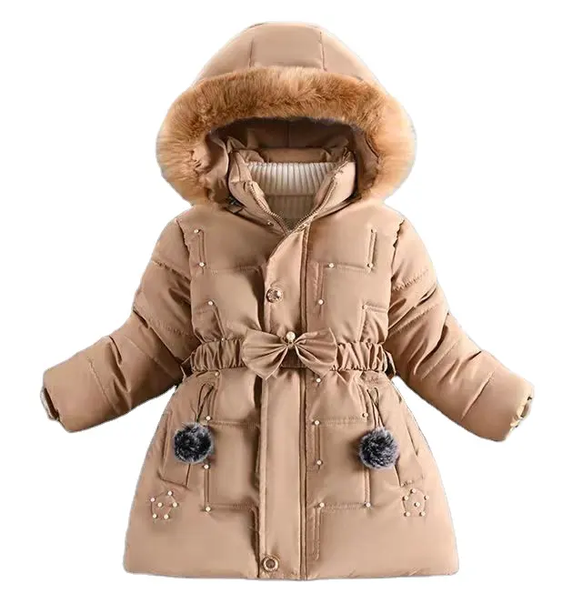 Avec Peluche et Manteau épais filles Grand col de fourrure veste à capuche long motif manteaux à capuche enfants Down coton vêtements d'hiver