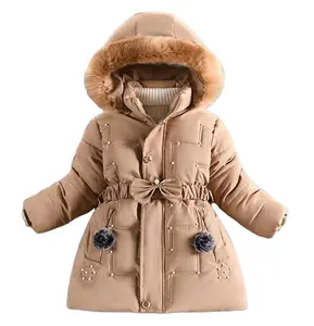 Casaco de pelúcia com gola grande de pele para meninas, casaco com capuz e estampa longa, casaco infantil de algodão, roupas de inverno
