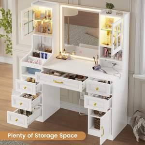 Meja Rias Panel Kayu Modern Nordik untuk Kamar Tidur dengan Lampu LED, OEM Pabrik Furnitur - Product Image 4