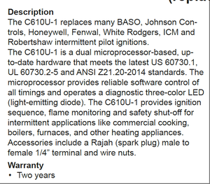Phụ tùng thay thế van điều khiển đánh lửa không liên tục C610U-1 24-VAC cho nồi hơi BG1600M51EF-1AA - Product Image 5
