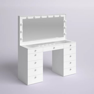<span class=keywords><strong>Commode</strong></span> <span class=keywords><strong>contemporaine</strong></span> à tiroirs avec miroir éclairé, dessus en verre blanc et panneau de bois, table de courtoisie moderne pour le maquillage - Product Image 5
