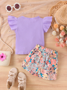 Completo estivo da <span class=keywords><strong>bambina</strong></span> 9M-3Y, viola, con fiocco, lavorato a maglia, maniche a volant, motivo floreale, pantaloncini corti, set di due pezzi. - Product Image 2